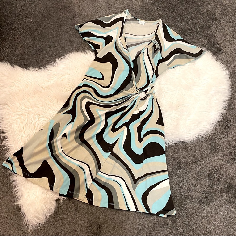 Swirl print faux wrap dress.